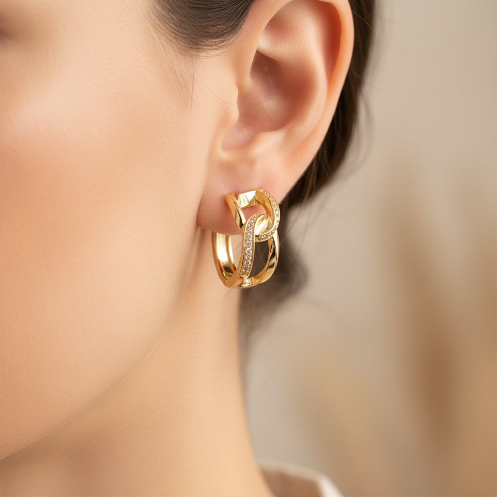 Yellow Plated Silver White Cubic Zirconia Hoop Earring.
