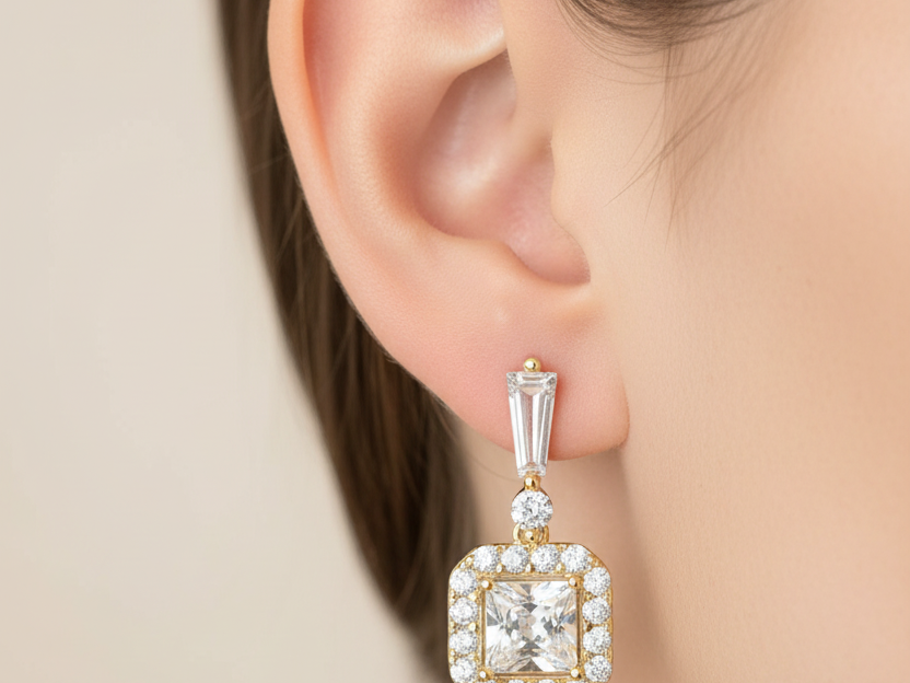 White Cubic Zirconia Stone Set Yellow Plated Silver Earring