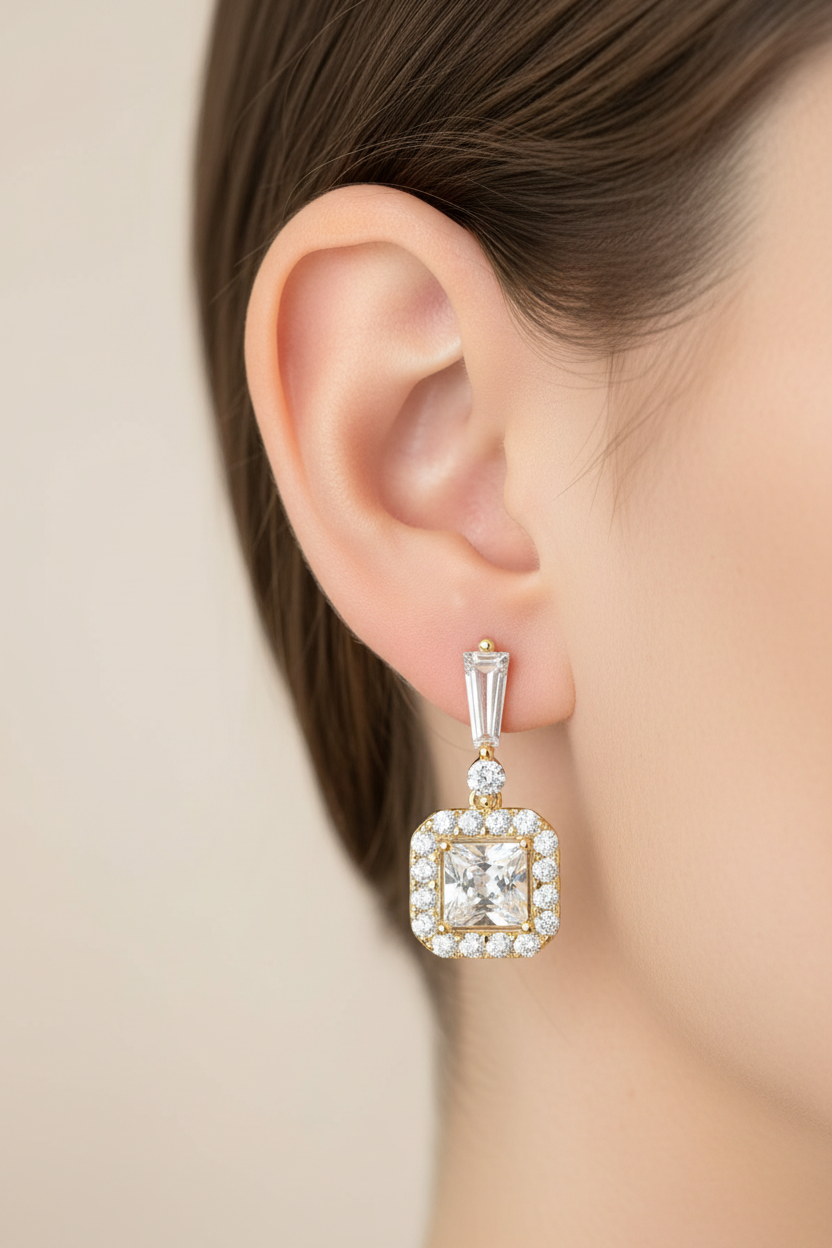 White Cubic Zirconia Stone Set Yellow Plated Silver Earring