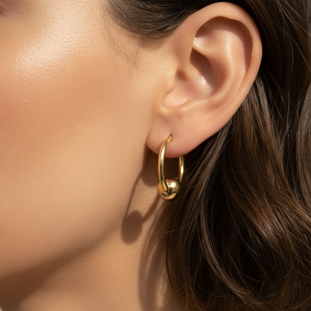 Yellow Plated Silver Hoop Earring With Moveable Ball 1.5×16 mm with 6mm Ball