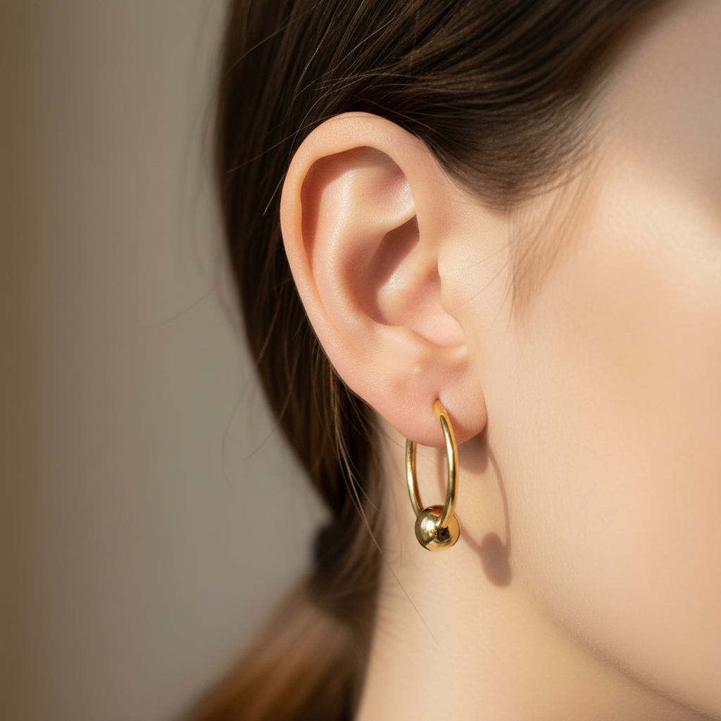 Yellow Plated Silver Hoop Earring With Moveable Ball 1.5×20 mm with 6mm Ball