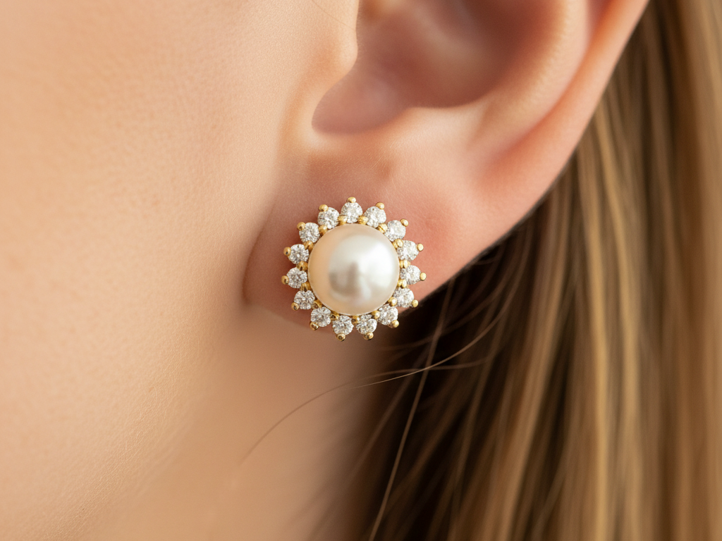 Gold Plated Silver Pearl and White Cz Stone Set Earring