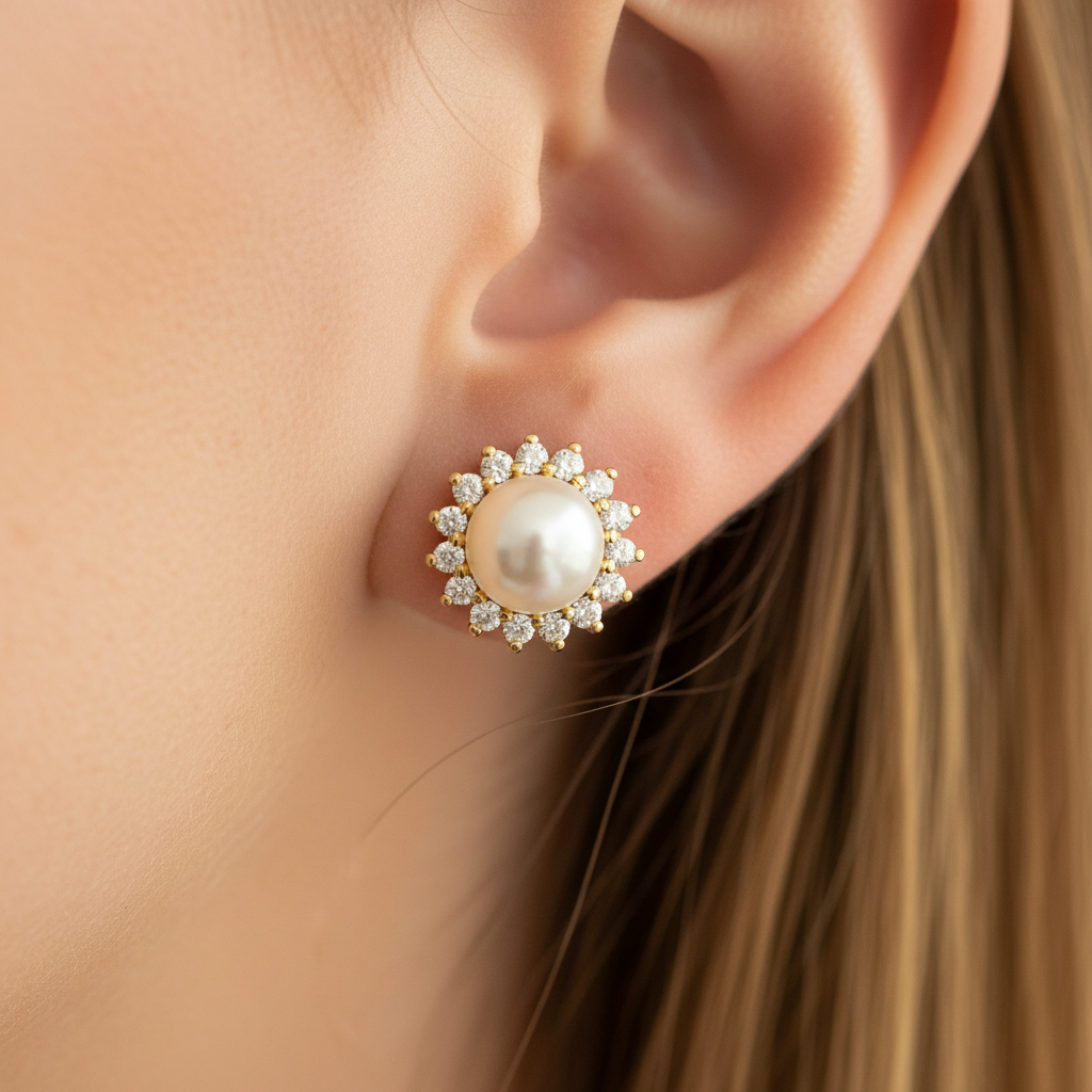 Gold Plated Silver Pearl and White Cz Stone Set Earring