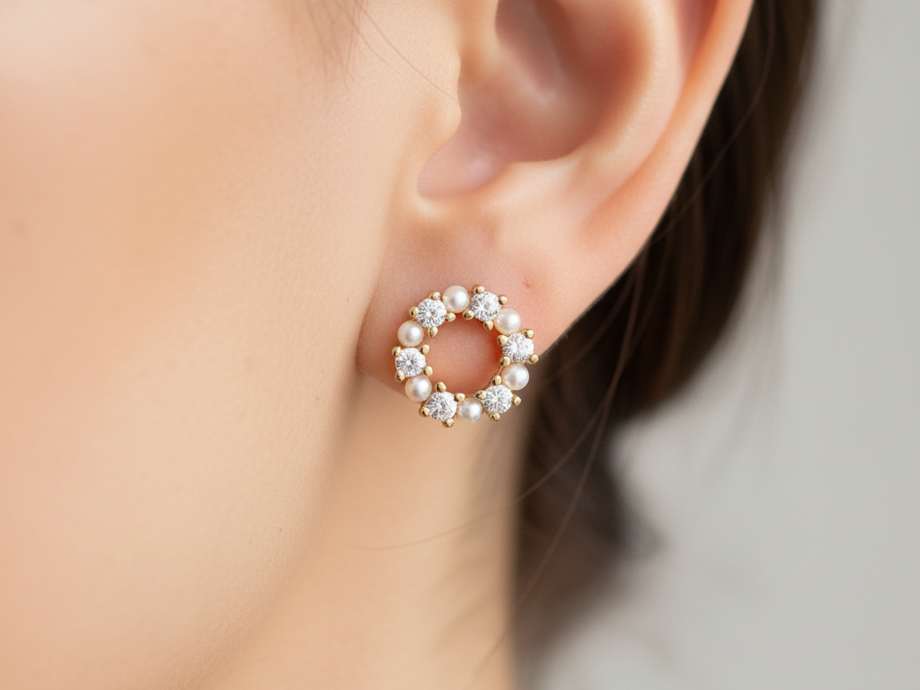 Gold Plated Silver Pearl and White Cz Stone Set Earring