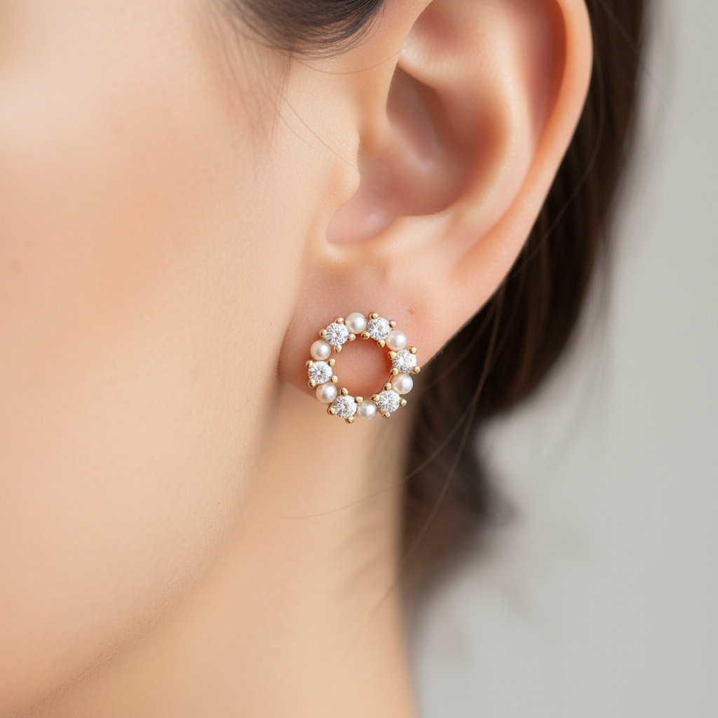 Gold Plated Silver Pearl and White Cz Stone Set Earring