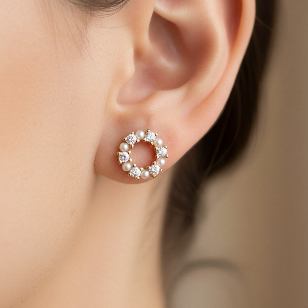 Gold Plated Silver Pearl and White Cz Stone Set Earring