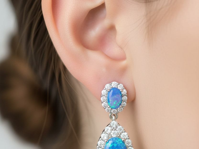 Blue Opal And Cz Silver Earring