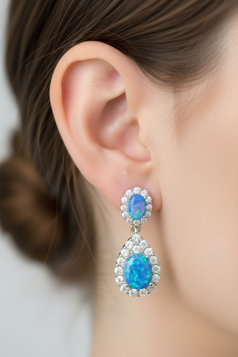 Blue Opal And Cz Silver Earring