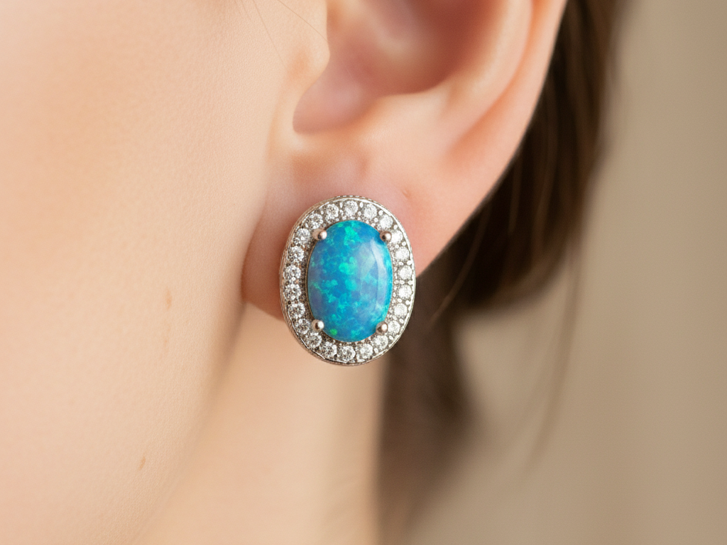 Blue Opal And Cz Silver Earring