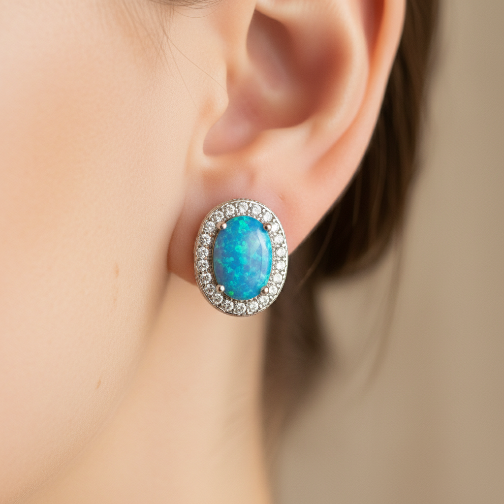 Blue Opal And Cz Silver Earring