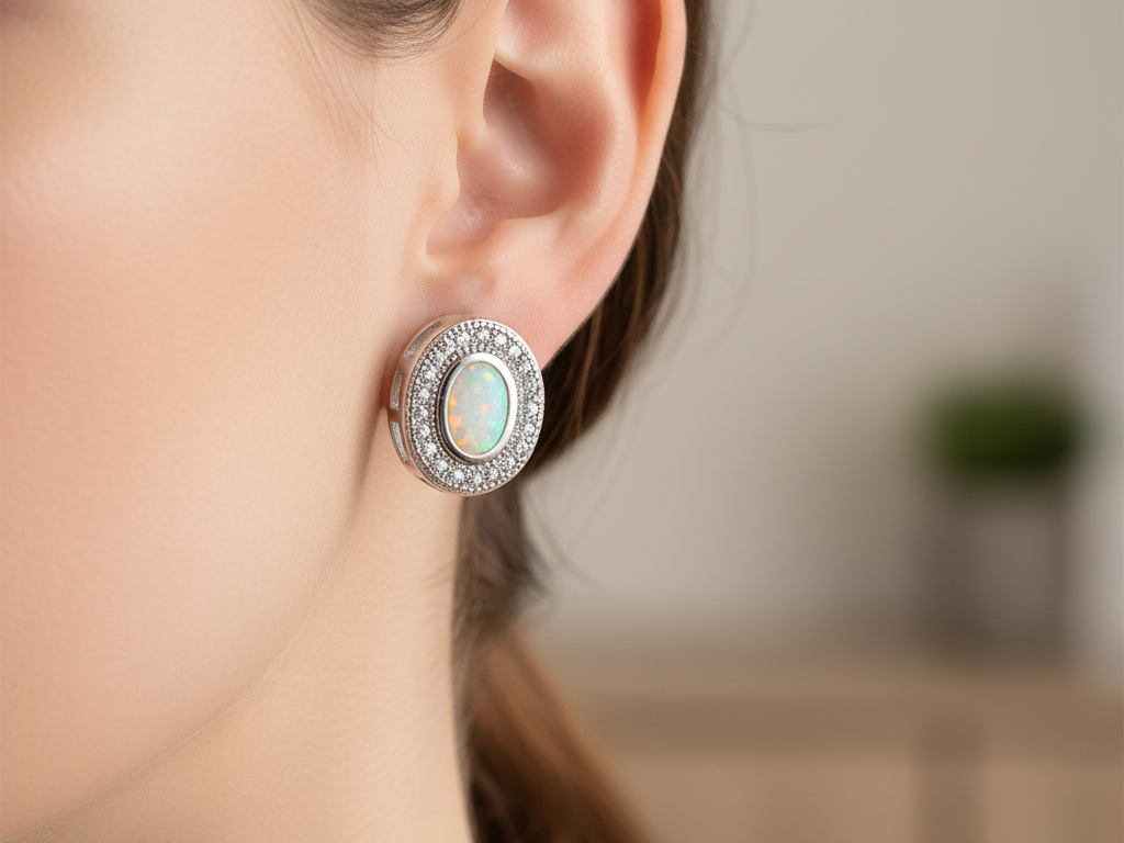 Opal And White Cubic Zirconia Silver Earring