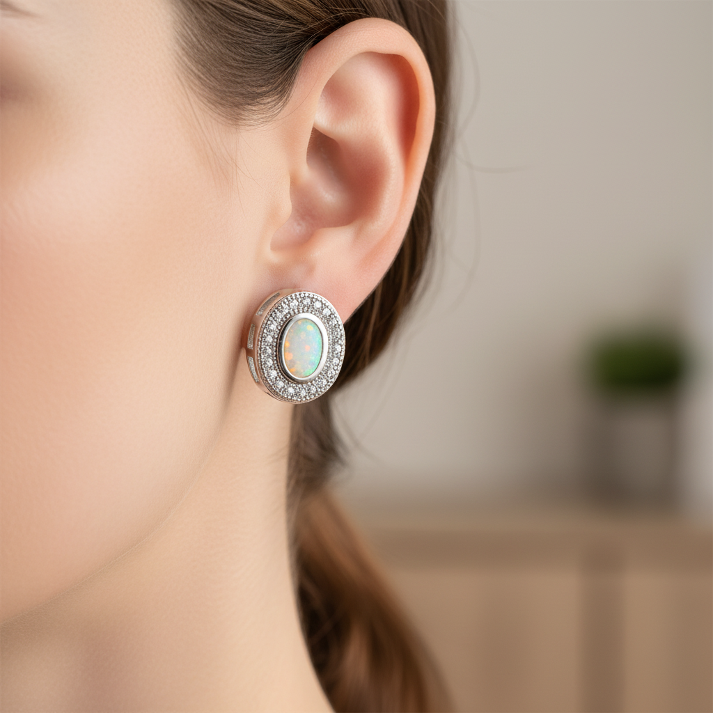 Opal And White Cubic Zirconia Silver Earring