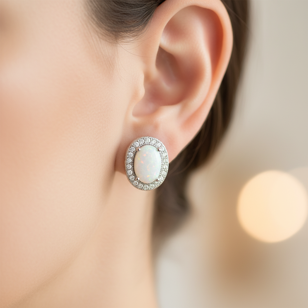 Opal And Cz Silver Earring