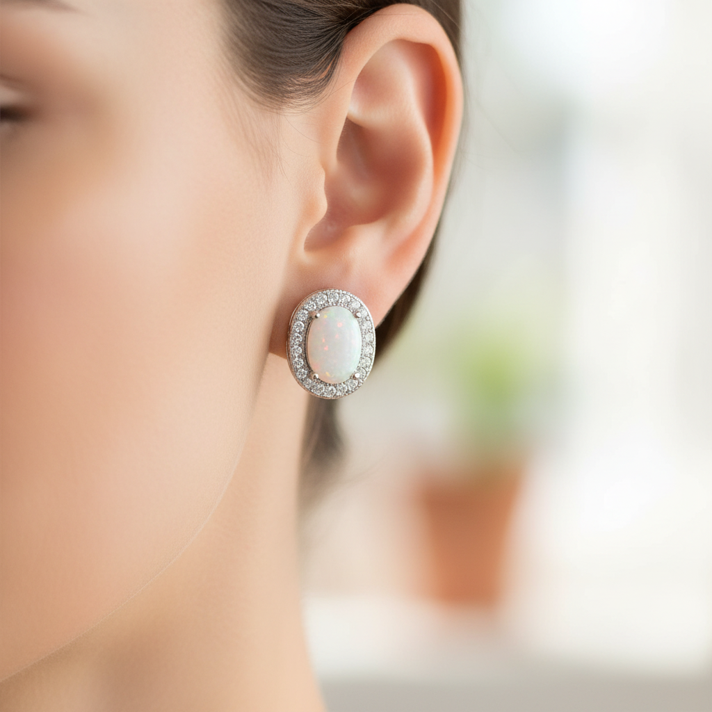 Opal And CZ Silver Earring