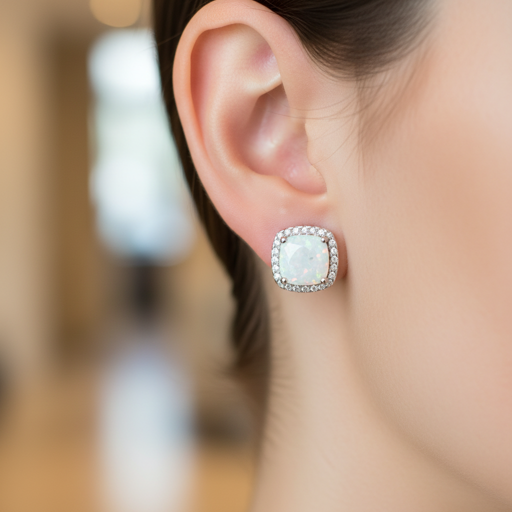 Opal And Cz Silver Earring