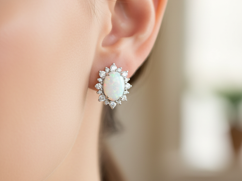 Opal And Cz Silver Earring