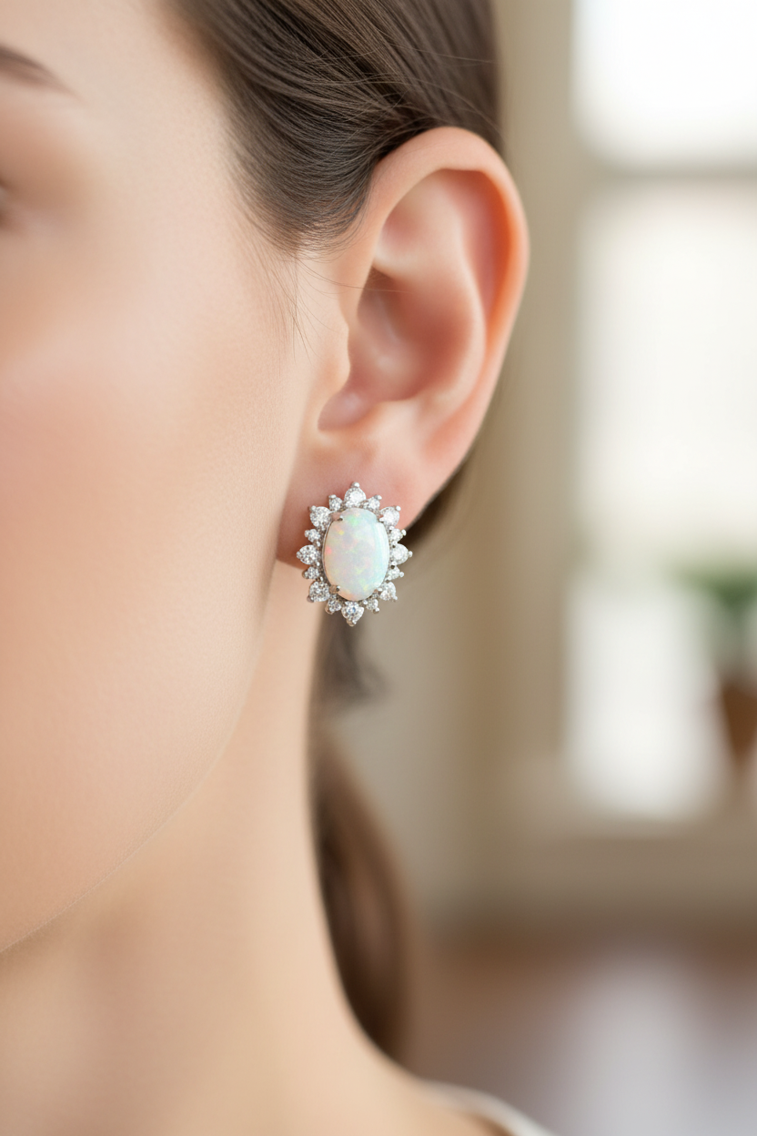 Opal And Cz Silver Earring