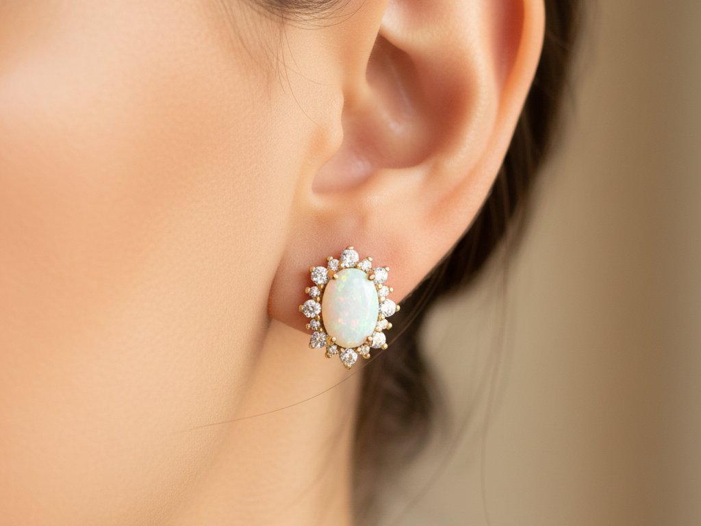 Opal And Cz Silver With Yellow Plated Earring