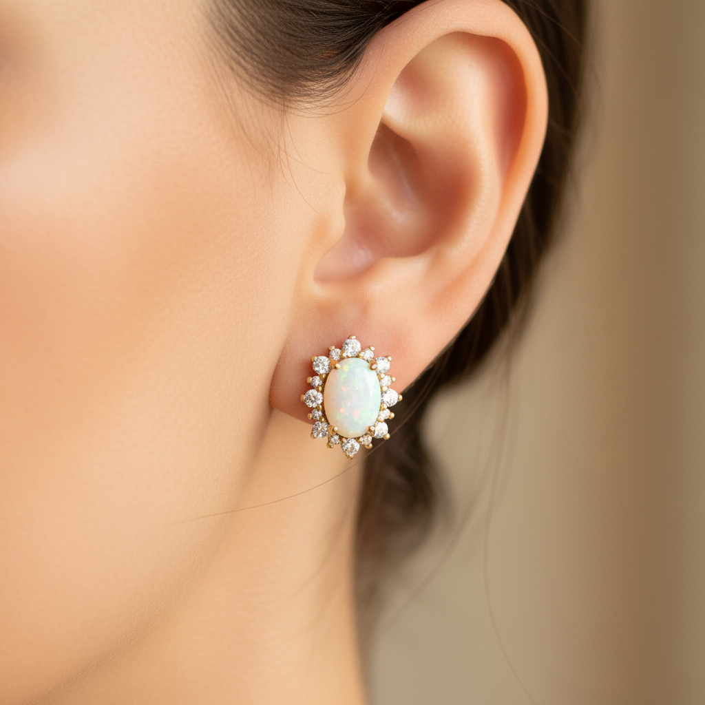 Opal And Cz Silver With Yellow Plated Earring