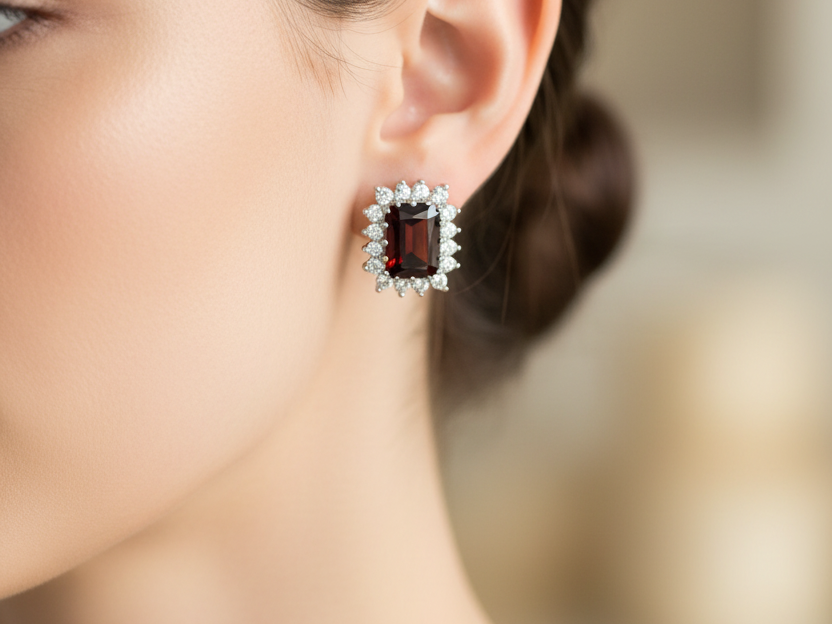 9 CT White Gold Garnet Earring.