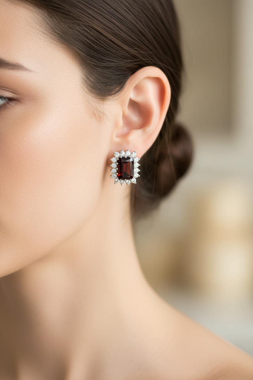 9 CT White Gold Garnet Earring.