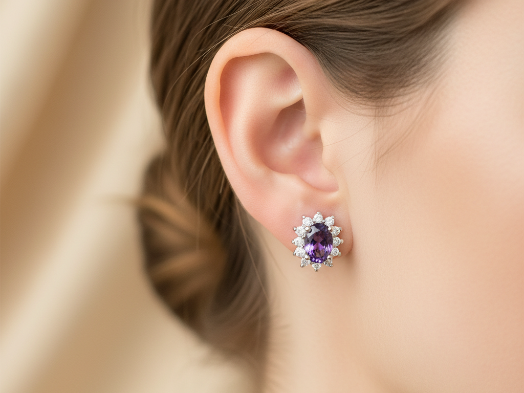 9 CT White Gold Amethyst Cz Earring.6X4