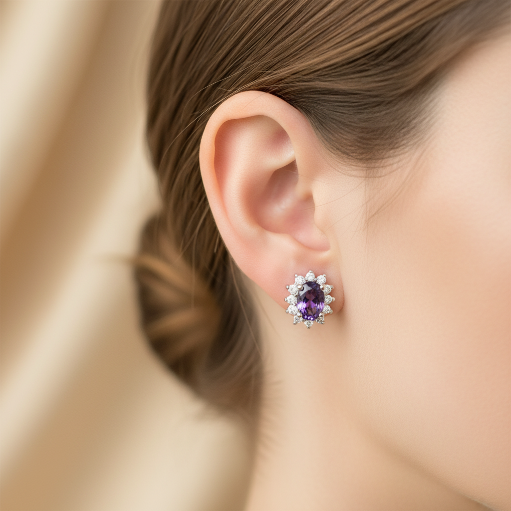 9 CT White Gold Amethyst Cz Earring.6X4