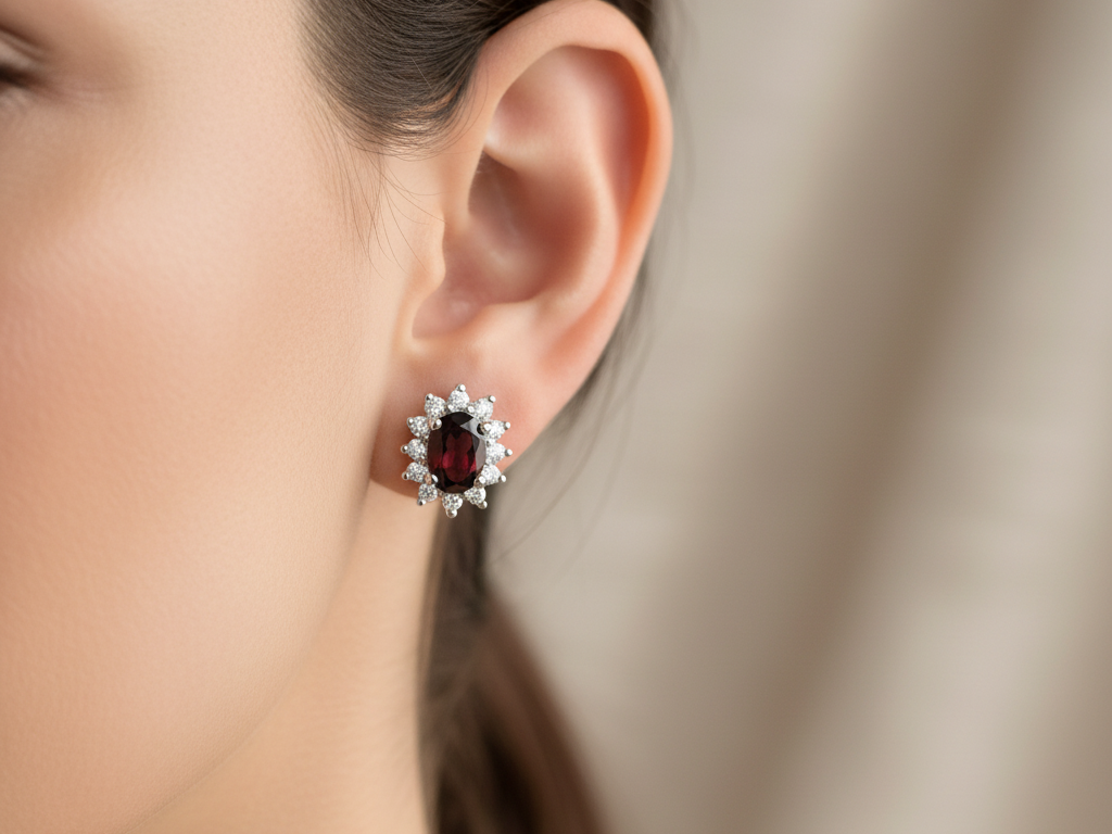 9 CT White Gold Garnet Cz Earring.6X4