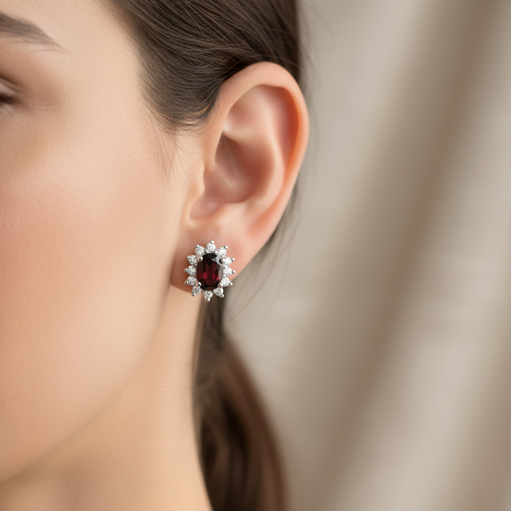 9 CT White Gold Garnet Cz Earring.6X4