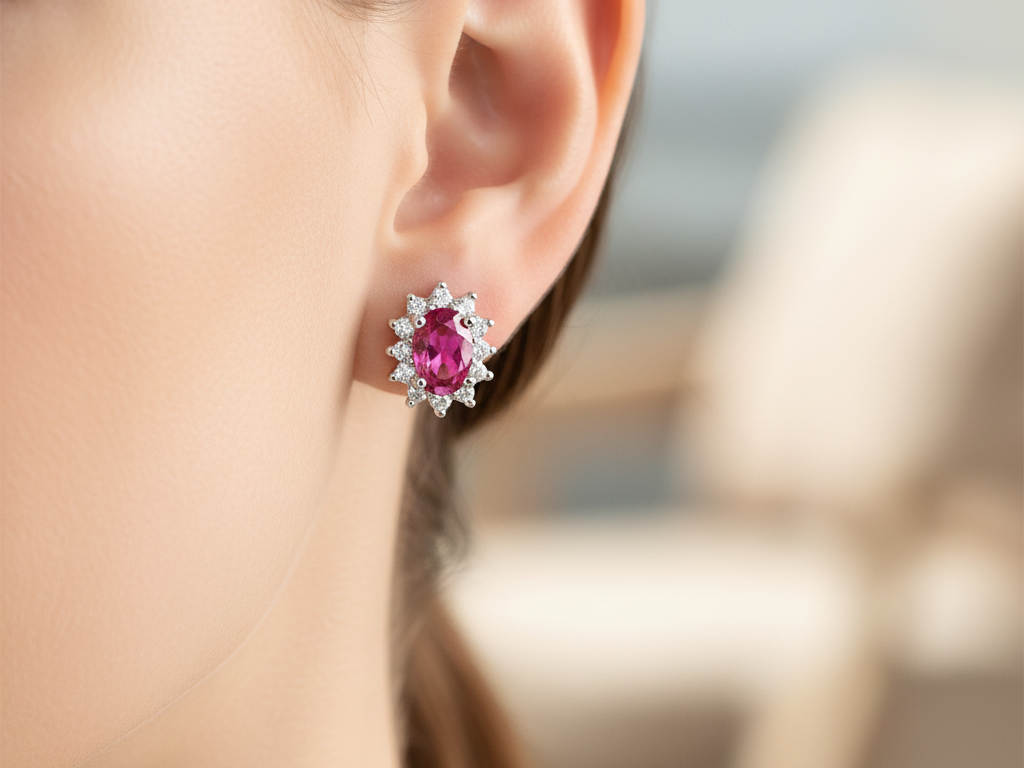 9 CT White Gold Ruby Cz Earring.6X4
