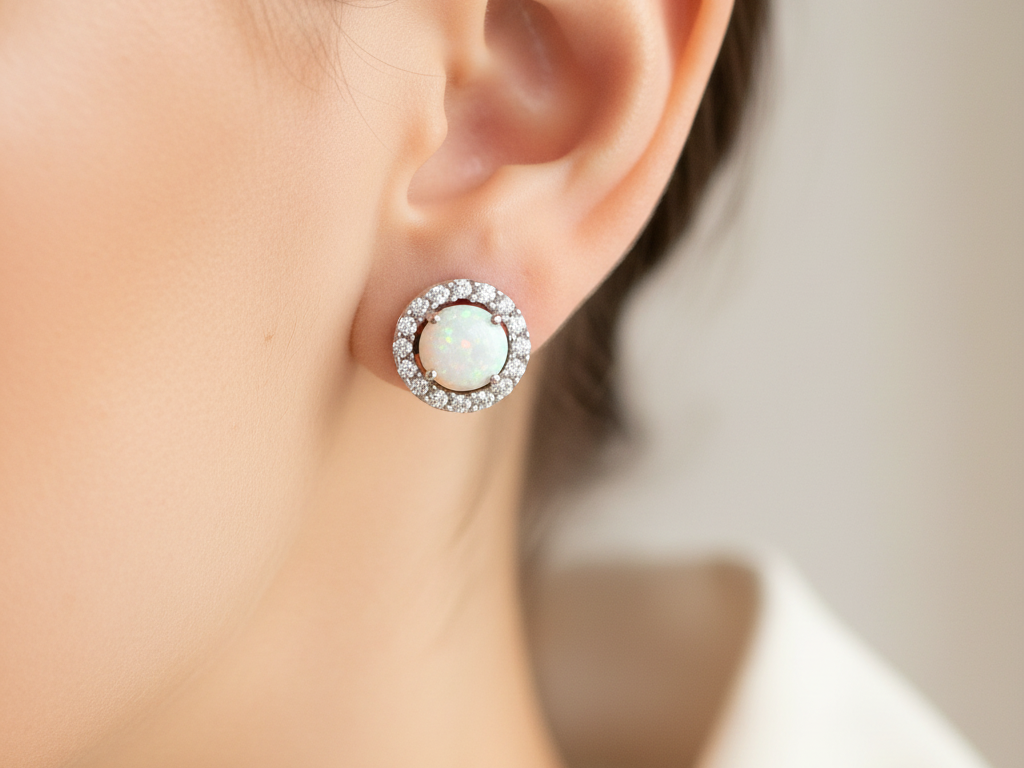 9 CT White Gold Opal Earring.
