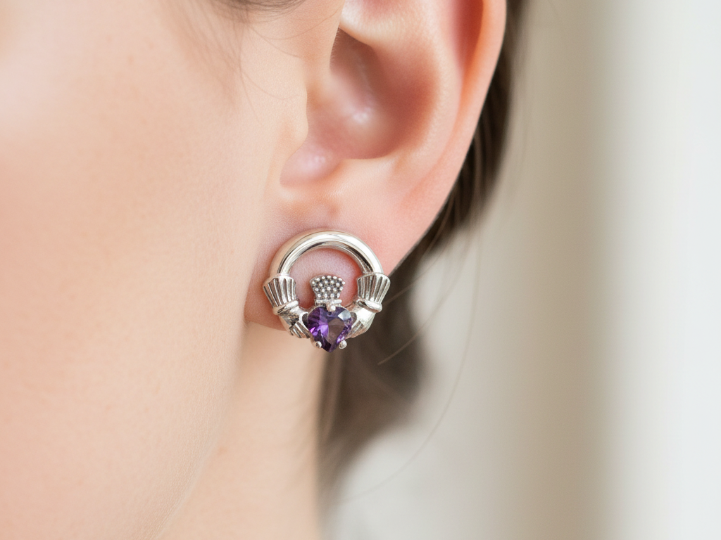 9 CT White Gold Amethyst Cz Birthstone Earrings
