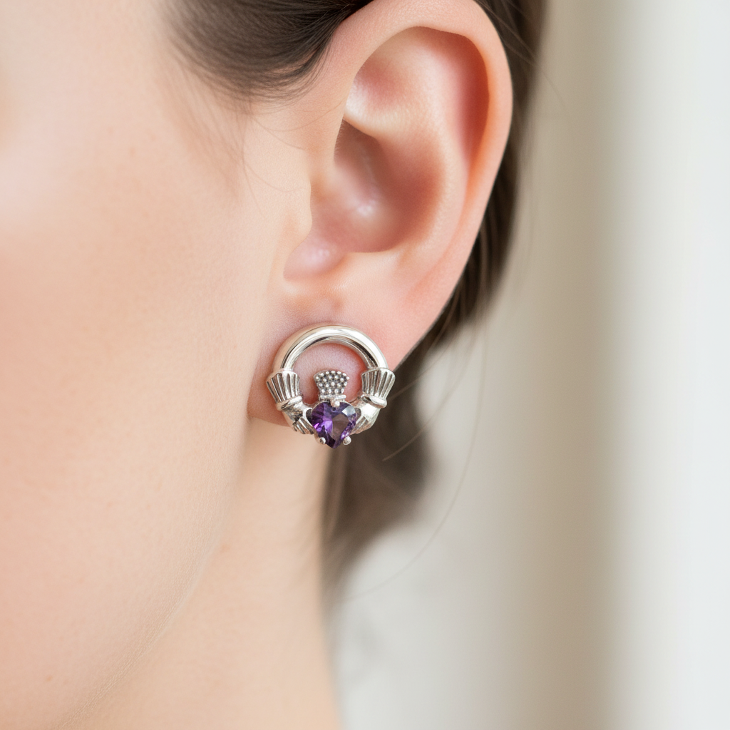 9 CT White Gold Amethyst Cz Birthstone Earrings