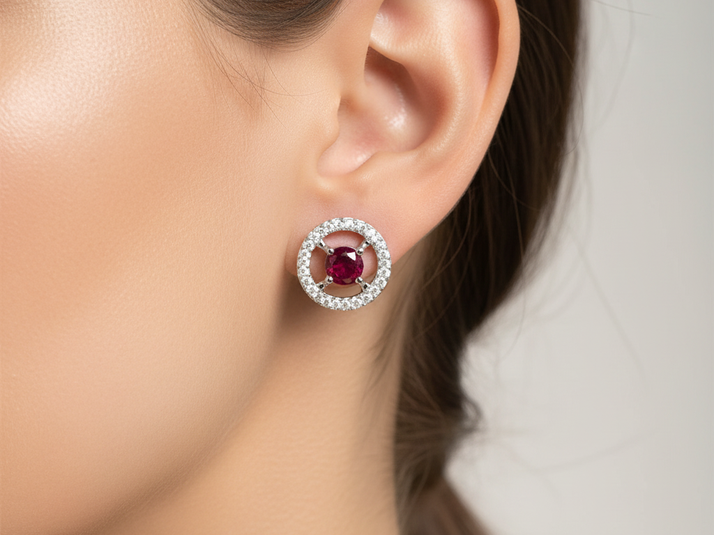 9 CT White Gold Ruby Cz Earring.