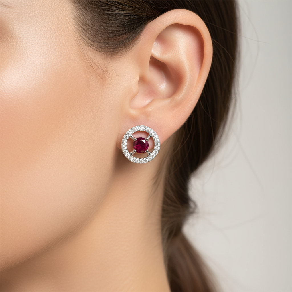 9 CT White Gold Ruby Cz Earring.