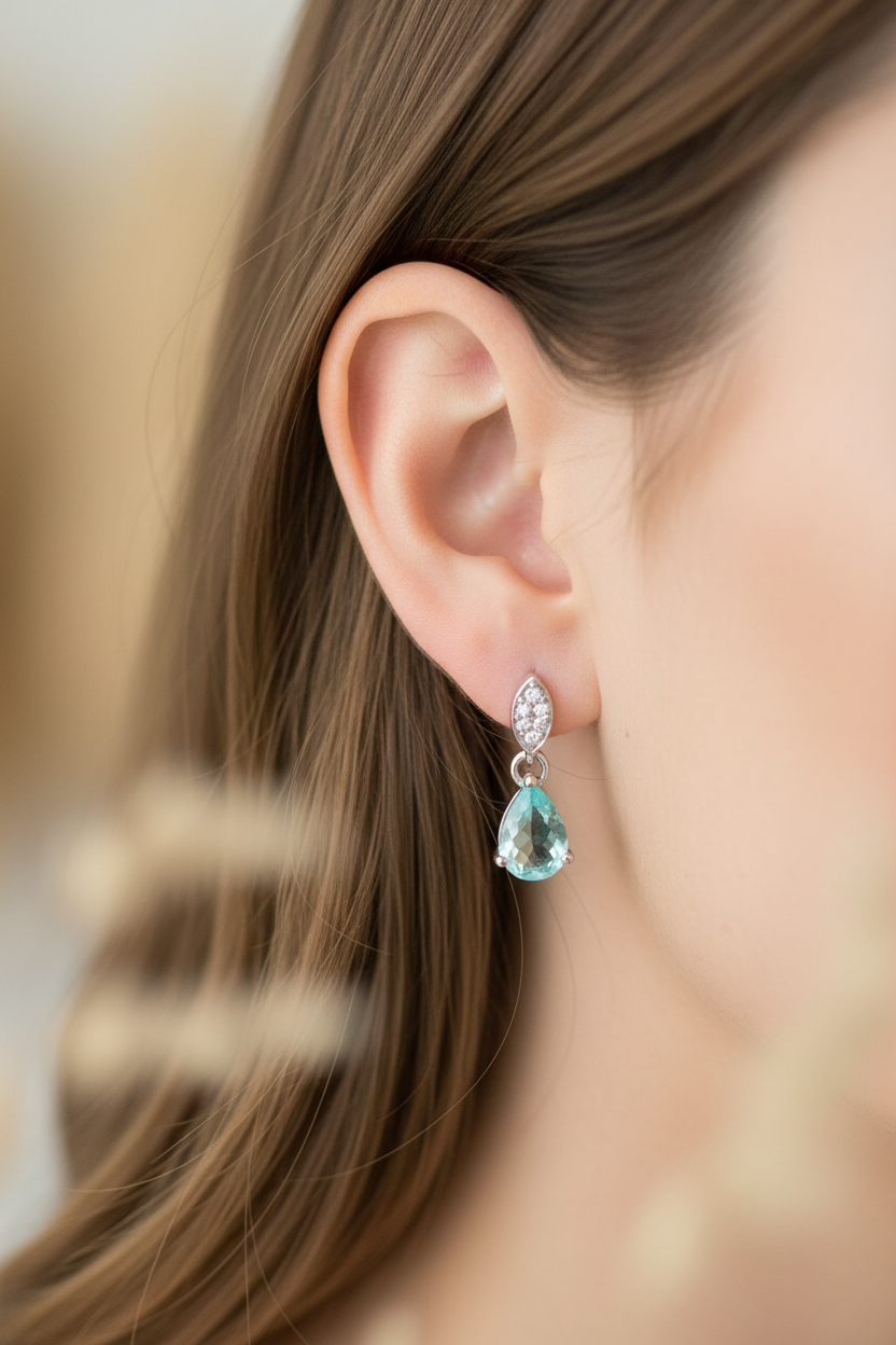 9 CT White Gold Aqua Cz Earring.