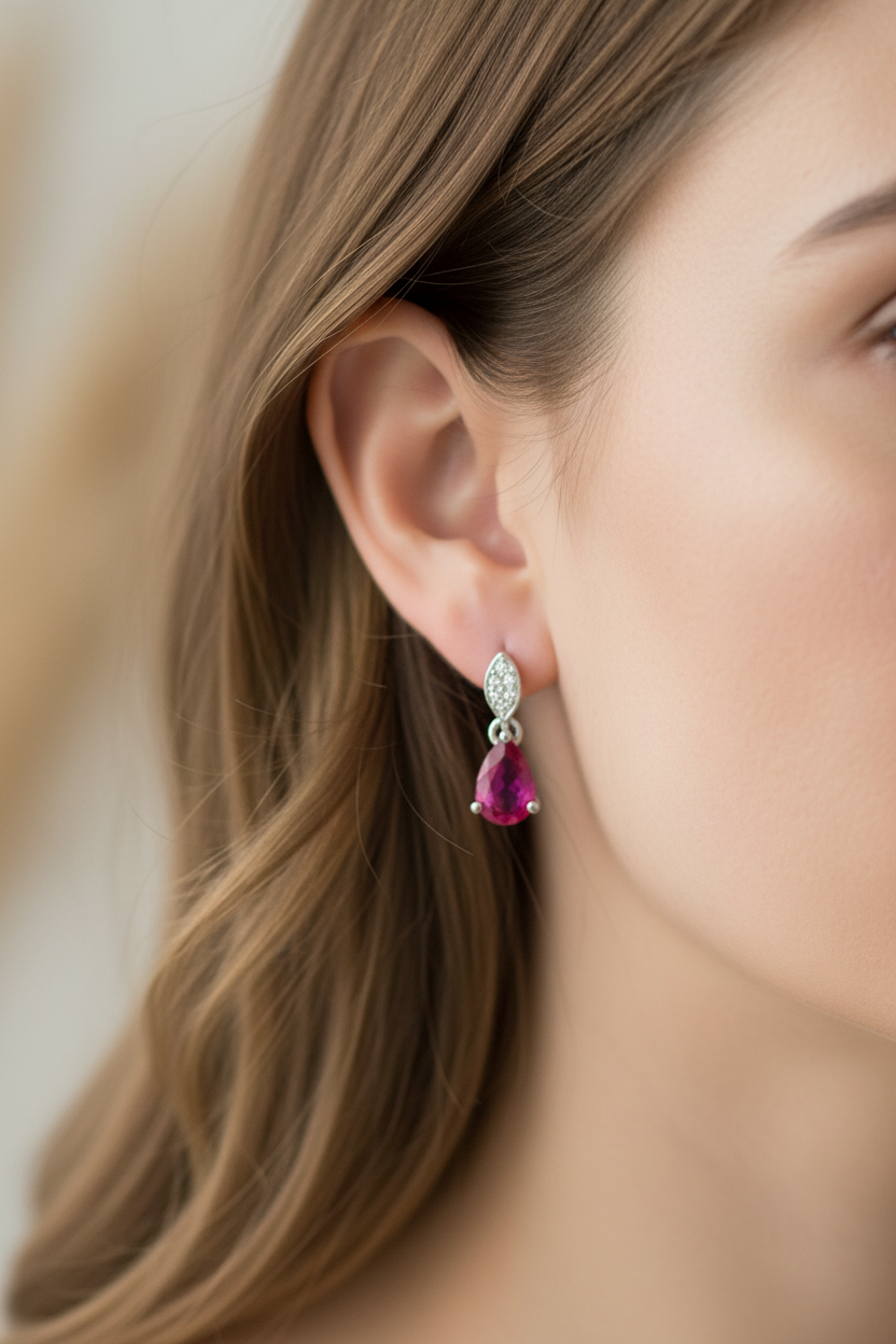 9 CT White Gold Ruby Cz Earring.