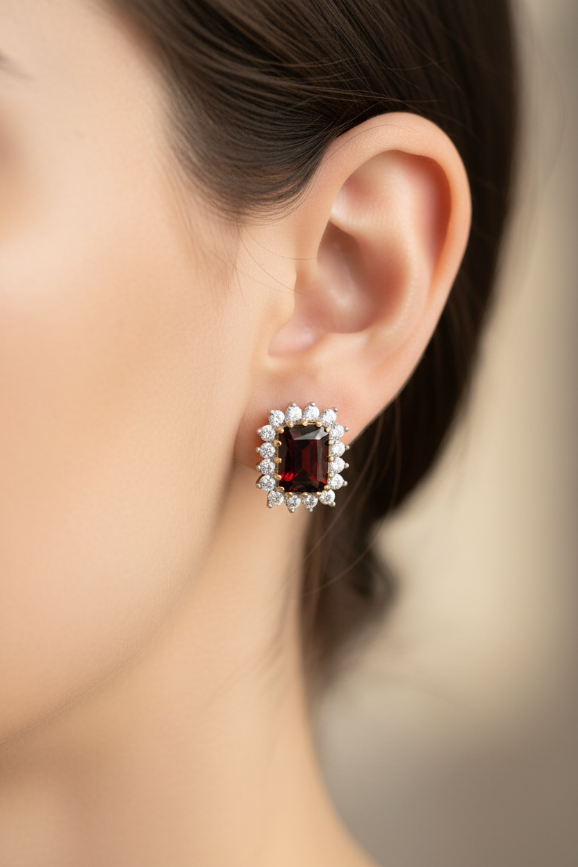 9 CT Yellow Gold Garnet Earring