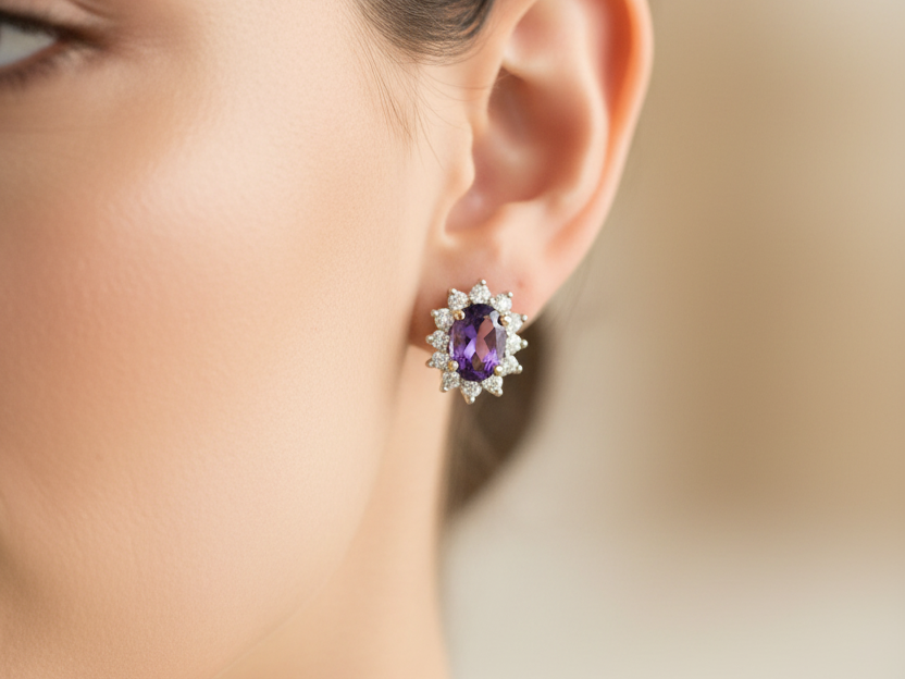 9 CT Yellow Gold Amethyst Cz Earring.6X4