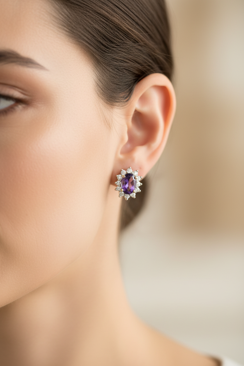 9 CT Yellow Gold Amethyst Cz Earring.6X4