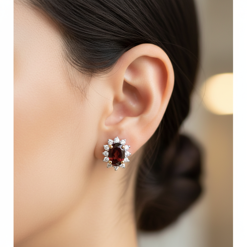 9 CT Yellow Gold Garnet Cz Earring.6X4