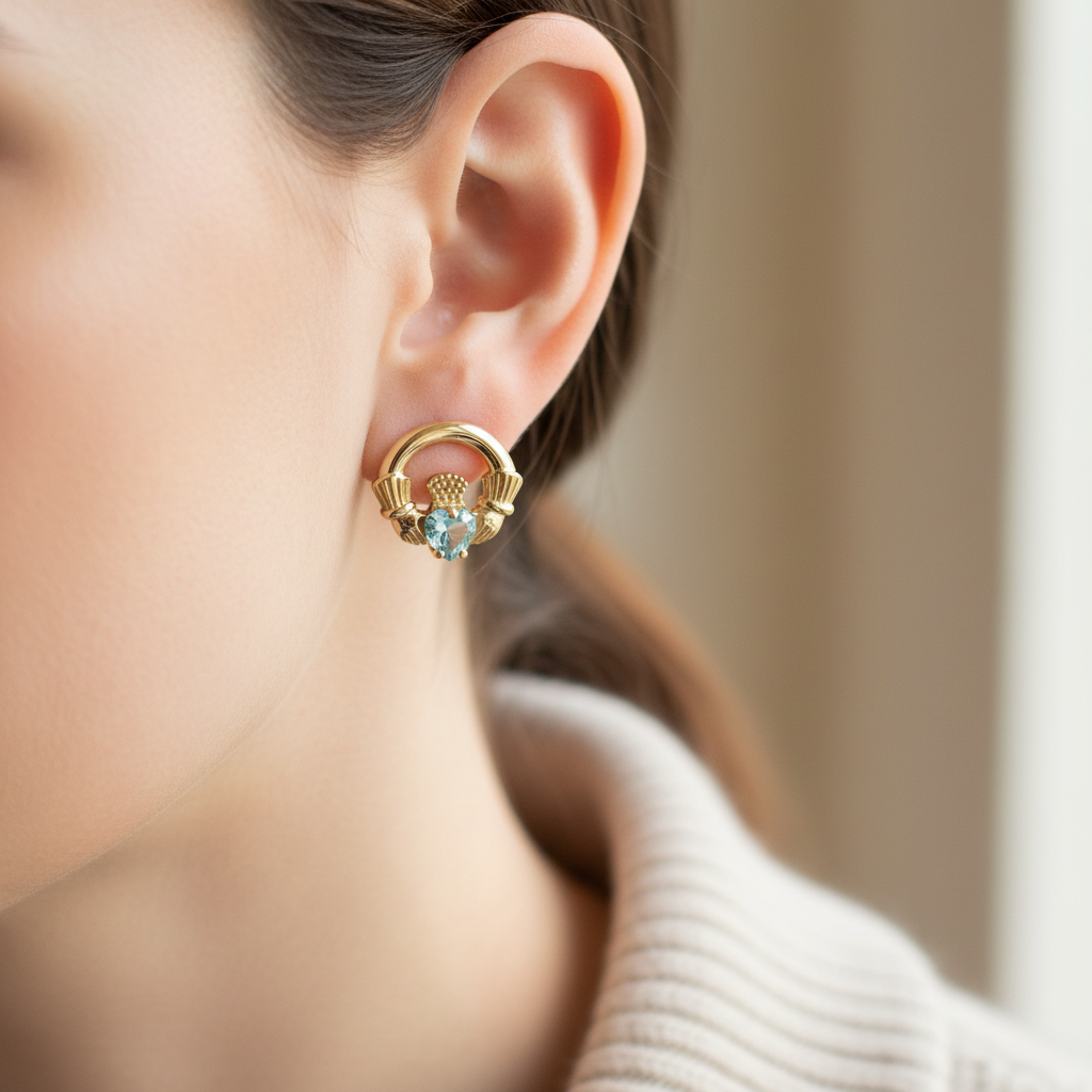 9 CT Yellow Gold Aqua Birthstone Earrings