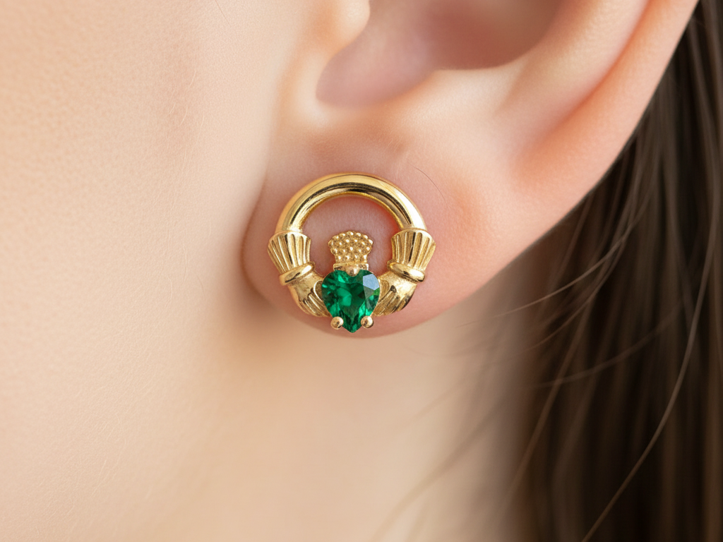 9 CT Yellow Gold Emerald Cz Birthstone Earrings