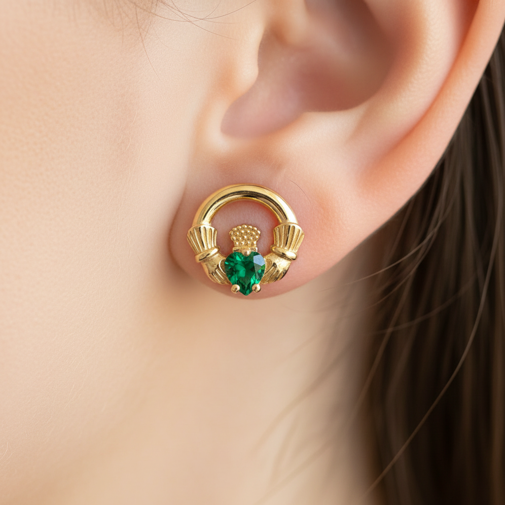 9 CT Yellow Gold Emerald Cz Birthstone Earrings