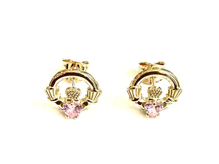 9 CT Yellow Gold Pink Cz Birthstone Earrings