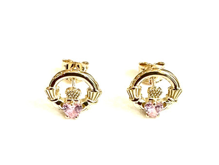 9 CT Yellow Gold Pink Cz Birthstone Earrings