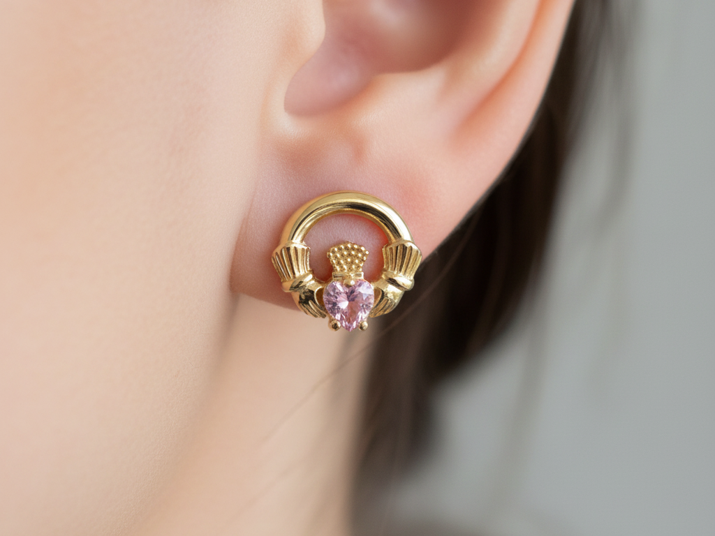 9 CT Yellow Gold Pink Cz Birthstone Earrings