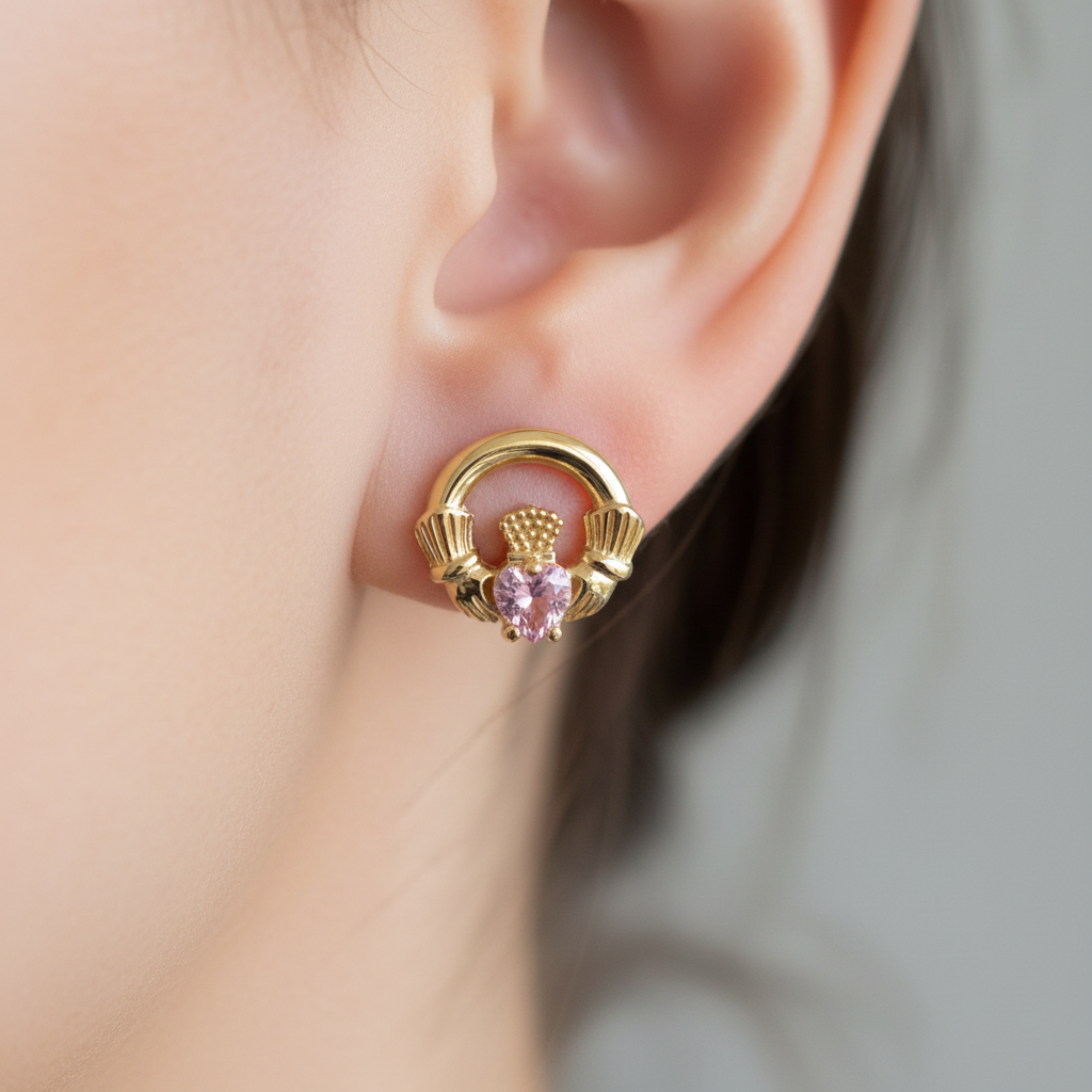 9 CT Yellow Gold Pink Cz Birthstone Earrings