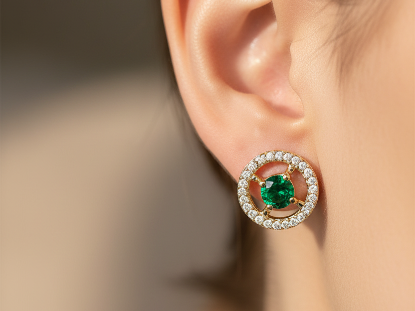 9 CT Yellow Gold Emerald & White Cz Earring.