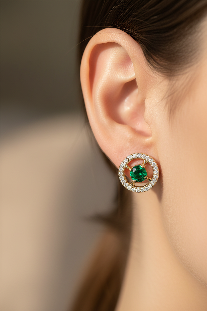 9 CT Yellow Gold Emerald & White Cz Earring.